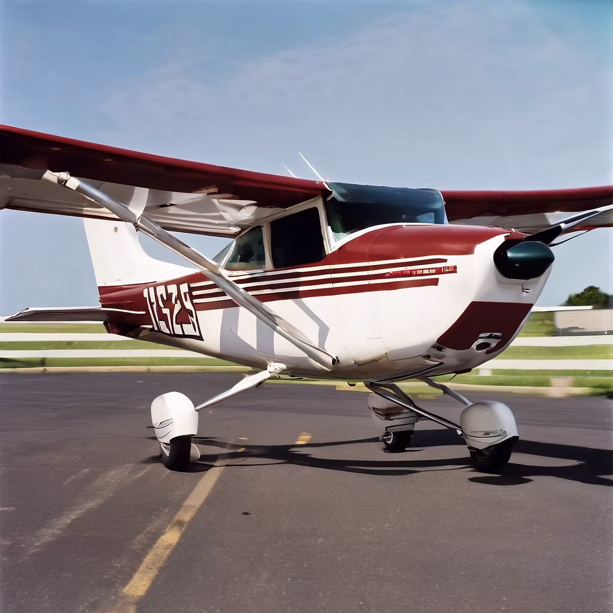 Red and white Cessna small aircraft parked on airport runway