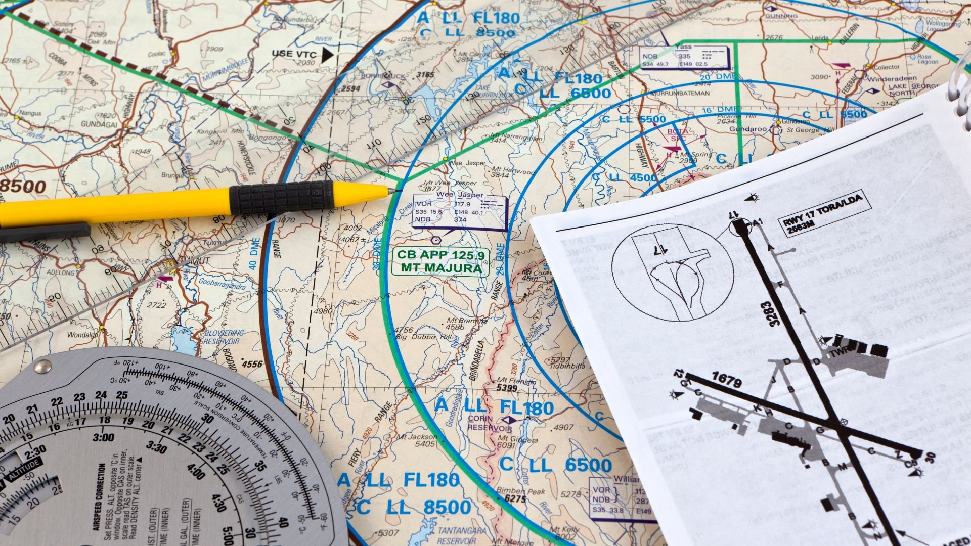 Topographic map with navigational tools and flight charts